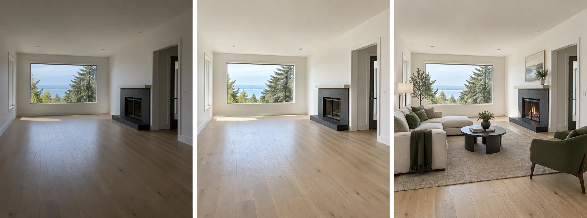 The same living room shown as a dim original, a restrained exposure and perspective correction, and a virtually staged version that preserves every fixed property feature.