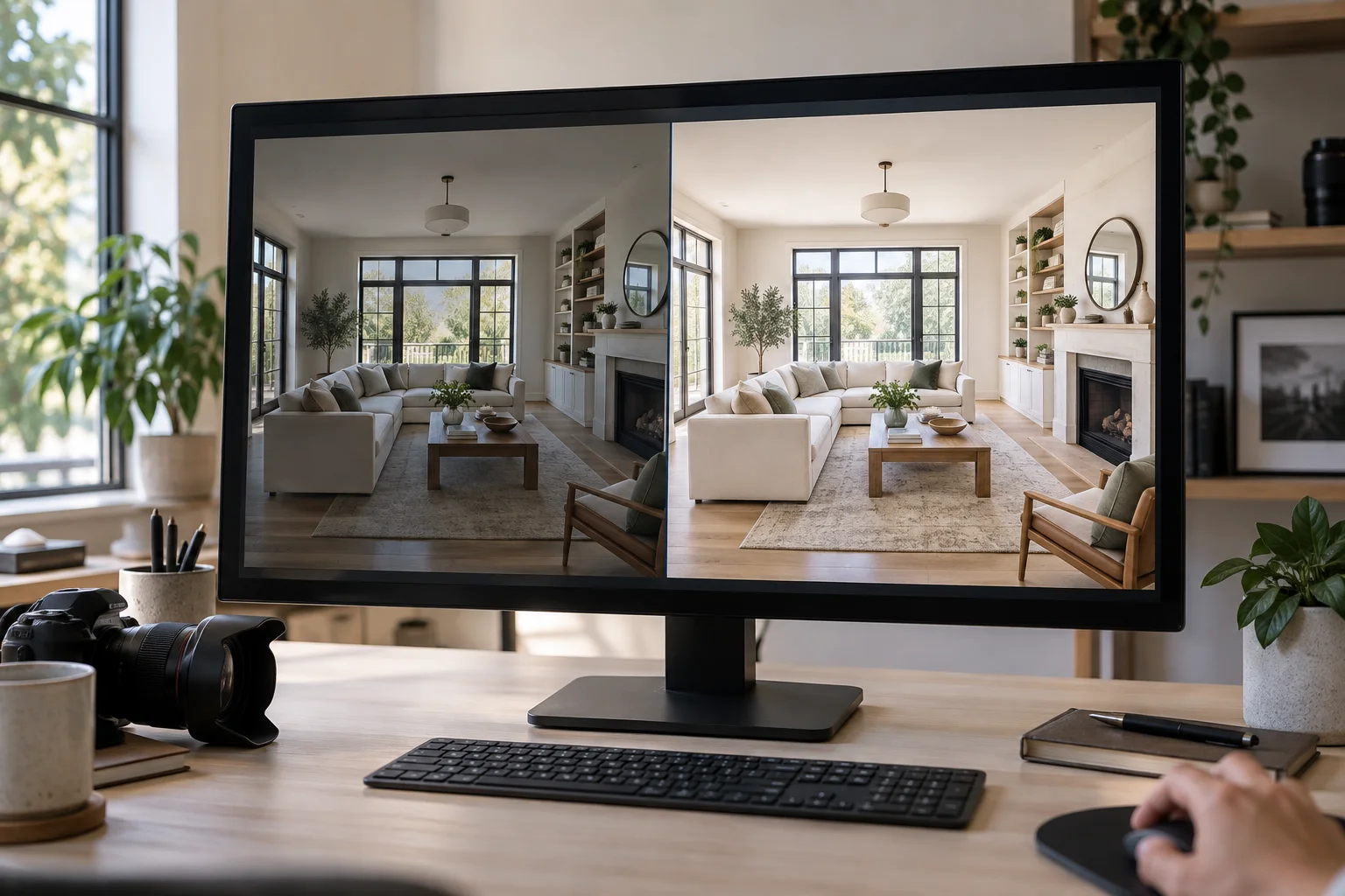 A real estate photographer comparing the same living room before and after restrained exposure, white balance, and perspective correction.