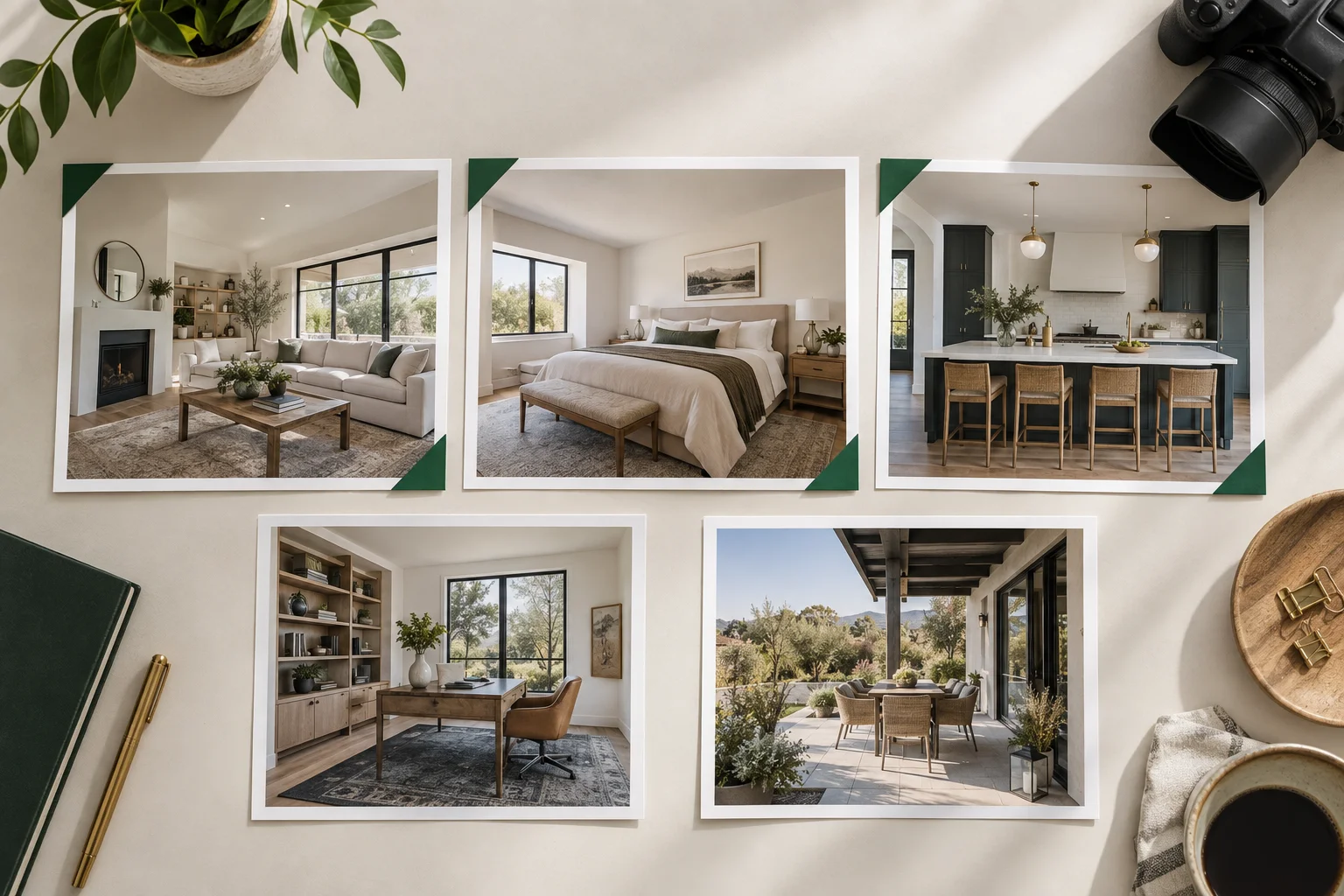 Five real estate listing photos arranged for selection, with the living room, primary bedroom, and kitchen marked as the first staging priorities.