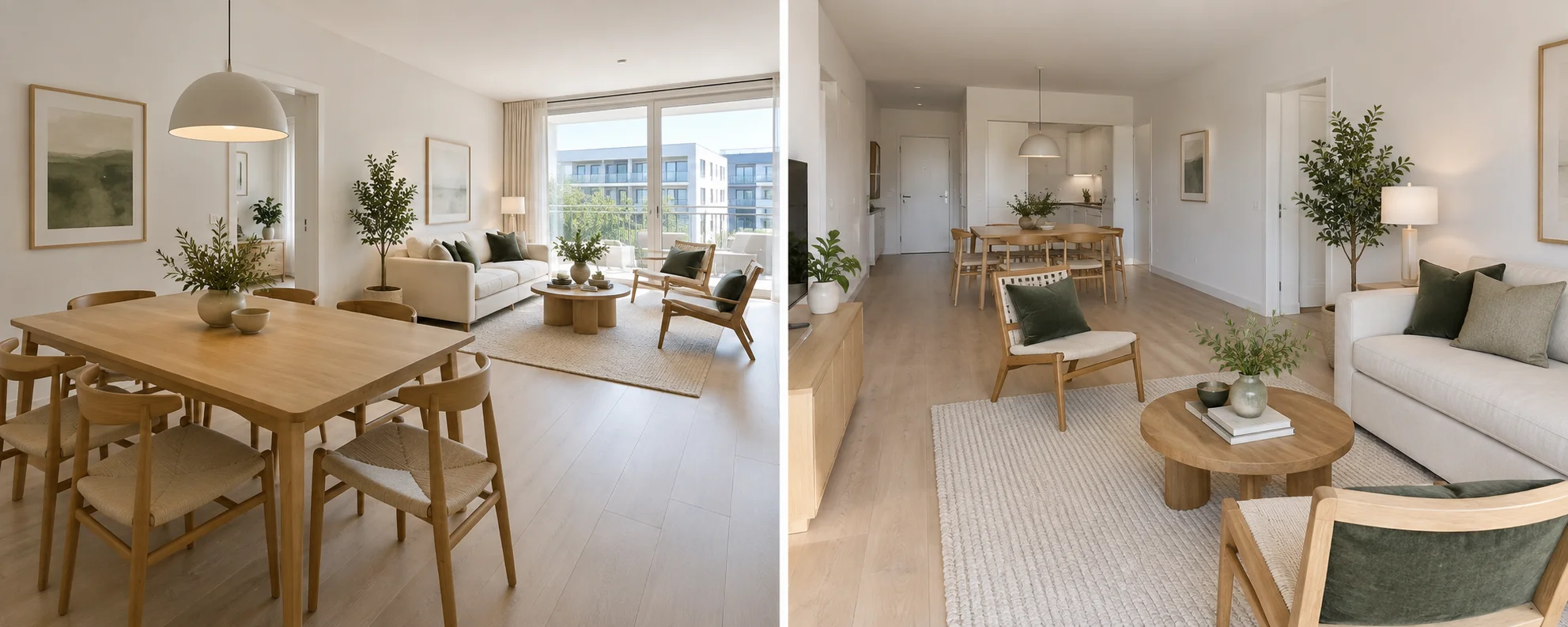 Two views of the same virtually staged open-plan room, with the sofa, chairs, rug, coffee table, and dining set kept in consistent positions across both angles.