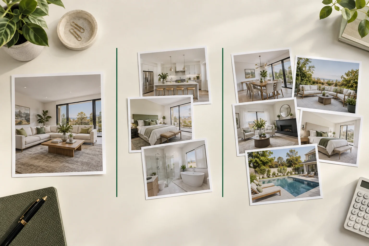 A single hero-room image, a three-room set, and a larger coordinated package of listing photos arranged as distinct virtual-staging offers.