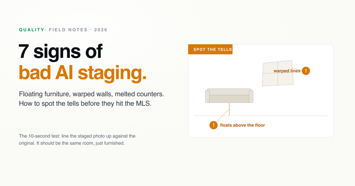Illustration of bad AI virtual staging tells: a sofa floating above the floor and warped, skewed window lines.