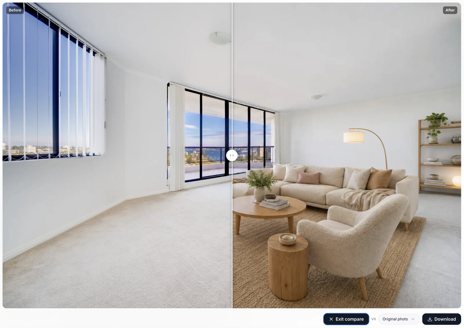 The Compare slider mid-drag, revealing the empty original on one side and the staged room on the other