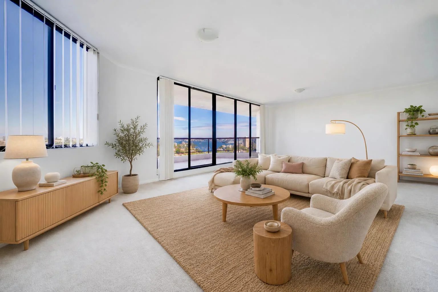 The same living room virtually staged with furniture and decor