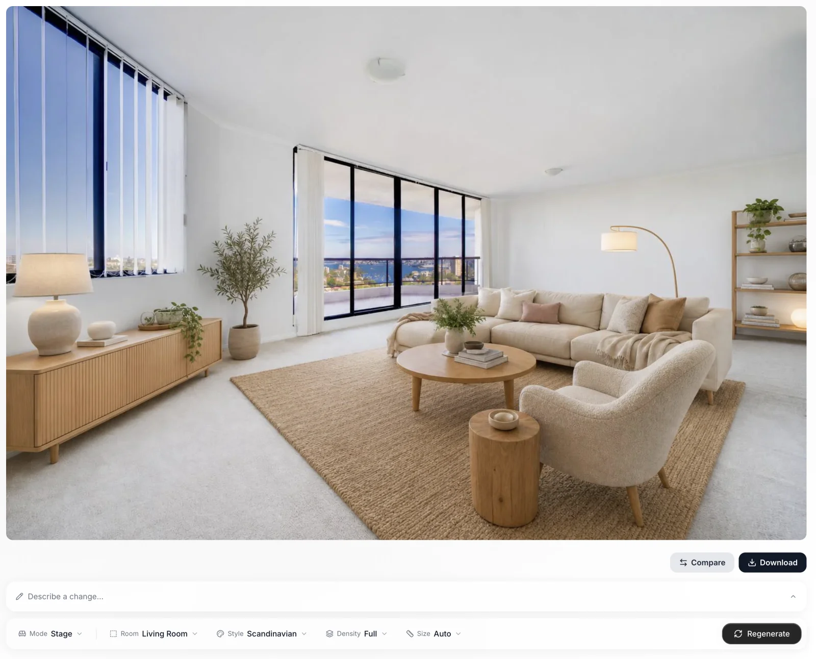 The freshly generated staged room shown alongside the original in the room's timeline