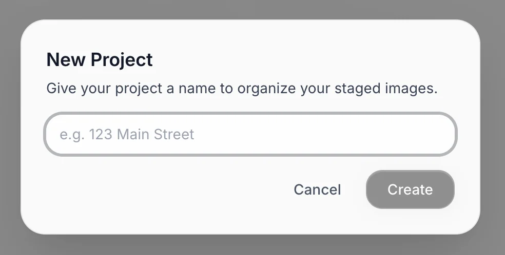 The new project dialog with the property address entered as the project name