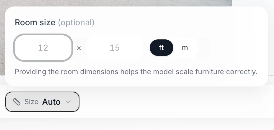 The optional Room size fields for entering width and length, with a feet/metres toggle
