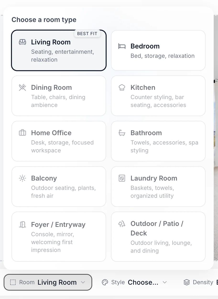 The Room type picker listing the available room categories