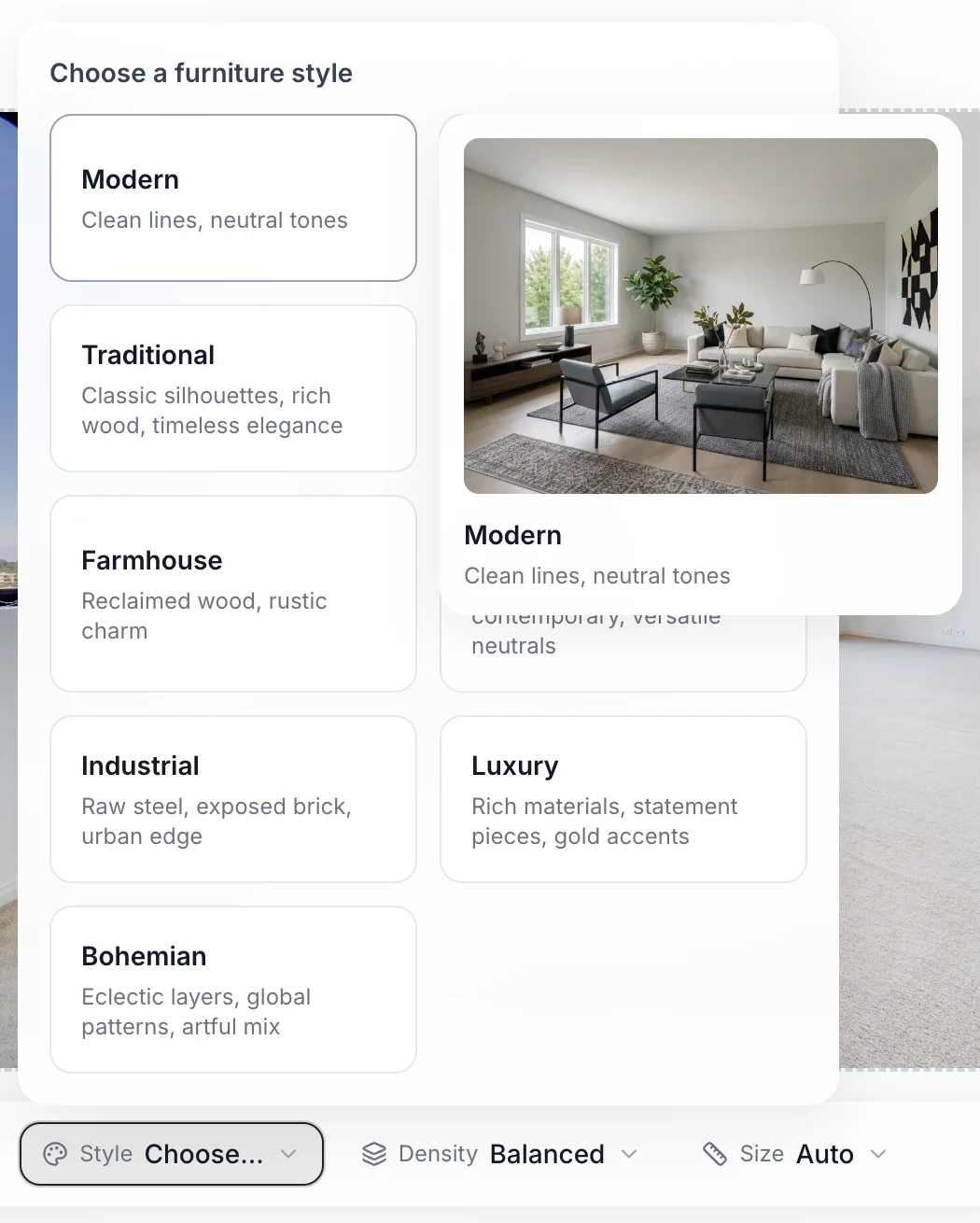 The Style picker showing the available interior design styles