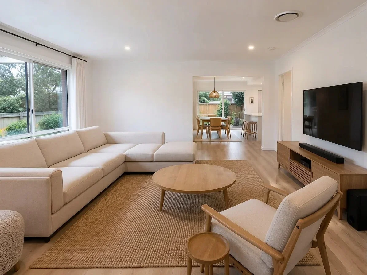 The same room with furniture, rugs, and window treatments kept but decor and clutter removed