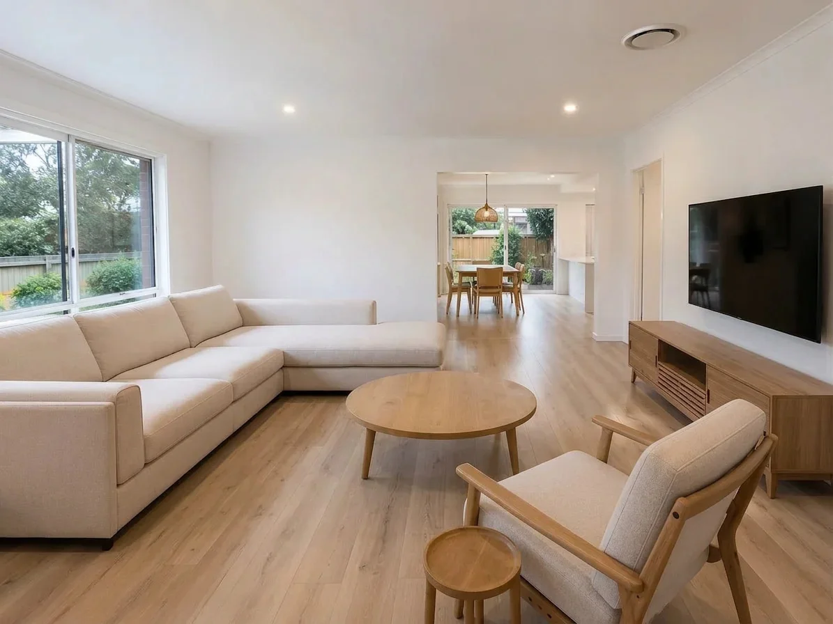 The same room with furniture kept but rugs, window treatments, and decor removed