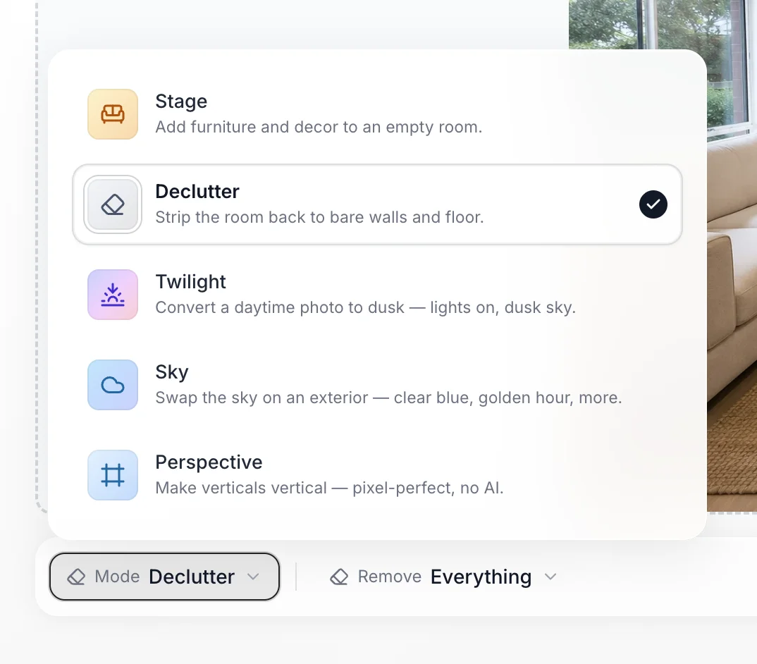 The staging mode picker with Declutter selected