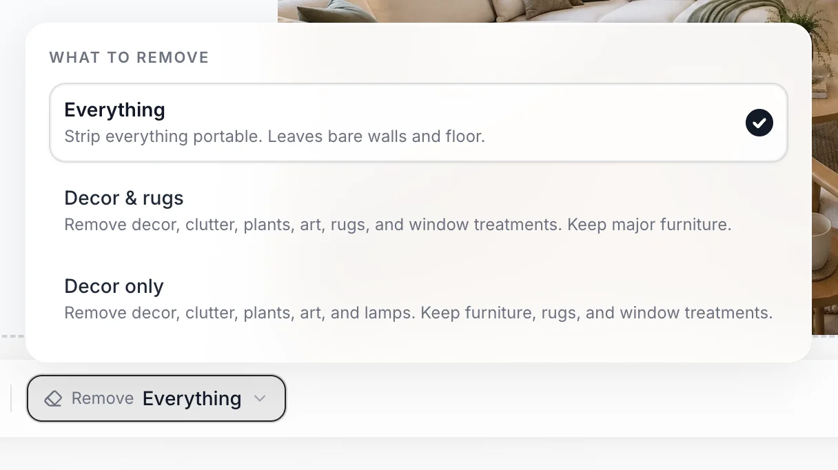 The Remove picker showing the three declutter levels