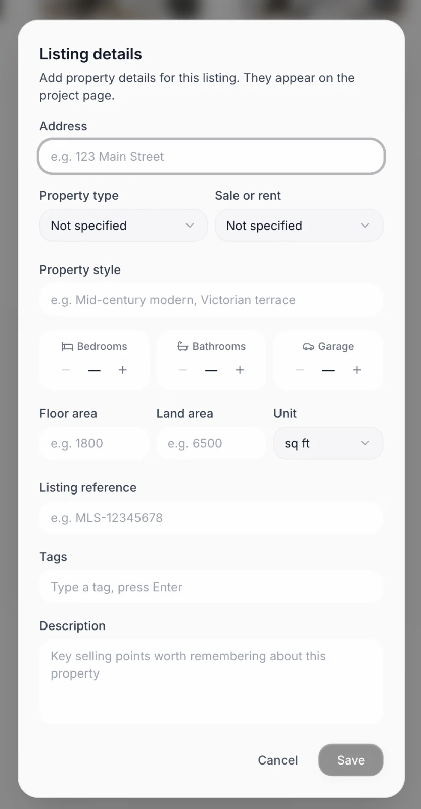 The listing details edit dialog with the property fields