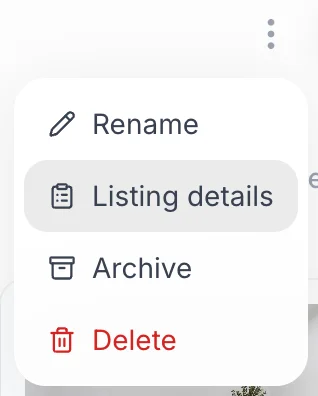 The project menu open with the Listing details item highlighted