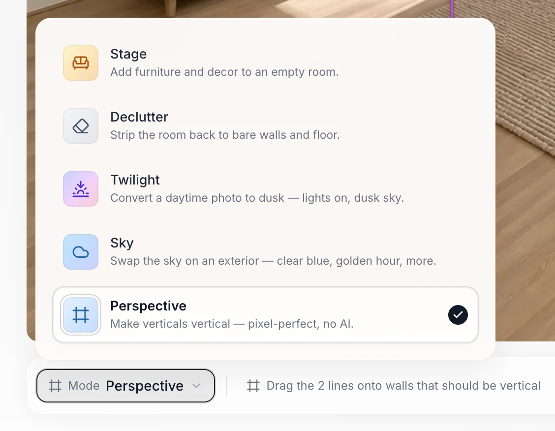 The staging mode picker with Perspective selected