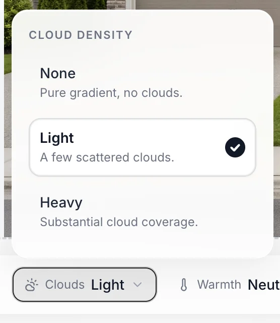 The Clouds picker showing None, Light, and Heavy density options