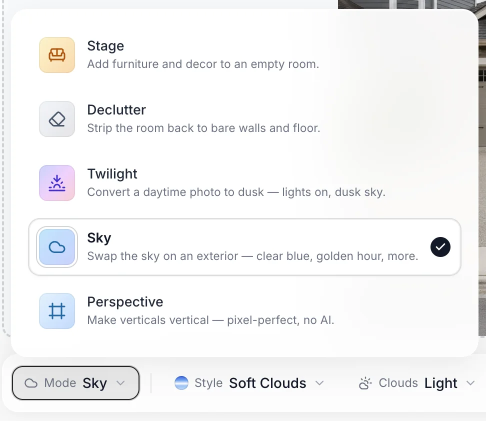 The staging mode picker with Sky selected