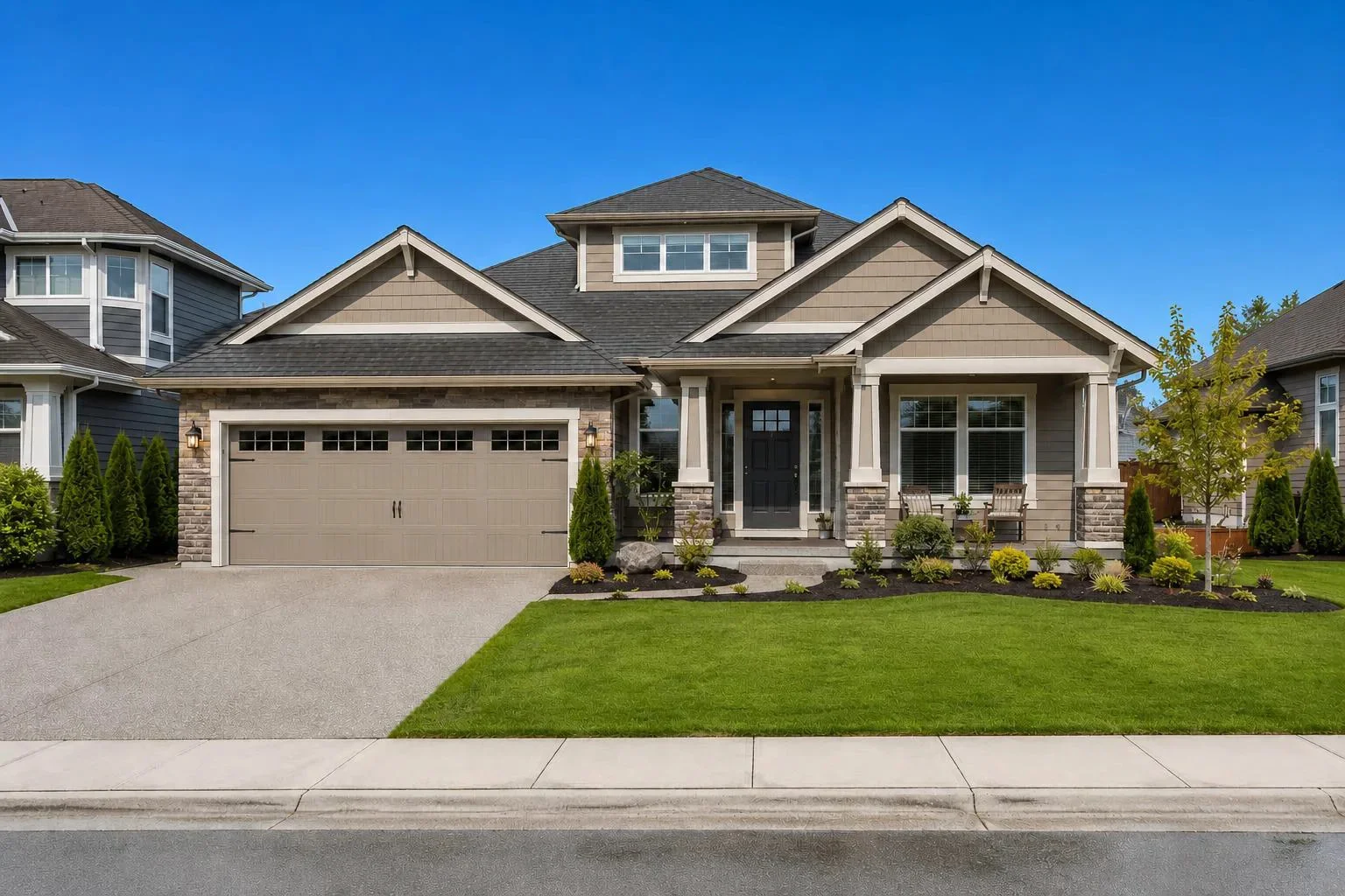 The same exterior with a bright, cloudless clear blue sky