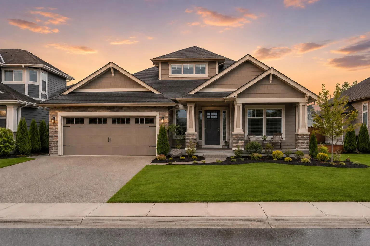 The same exterior with a warm peach-to-amber golden hour sky