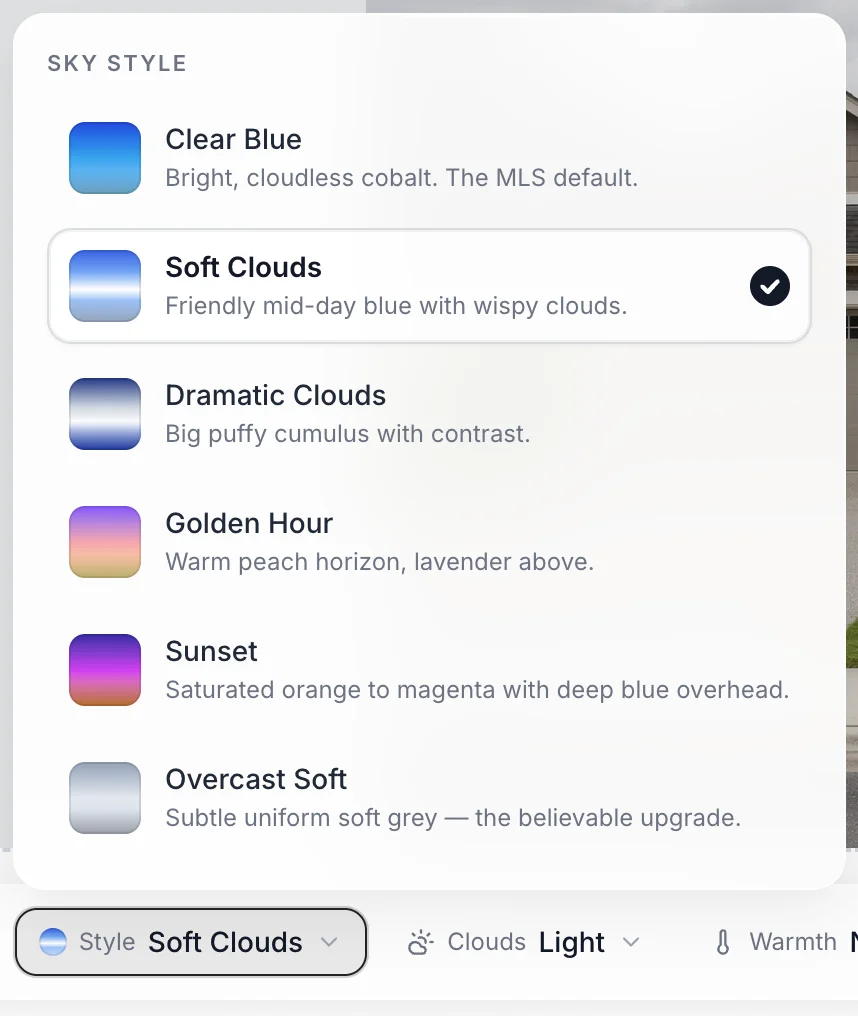 The Style picker showing the six sky options with swatches