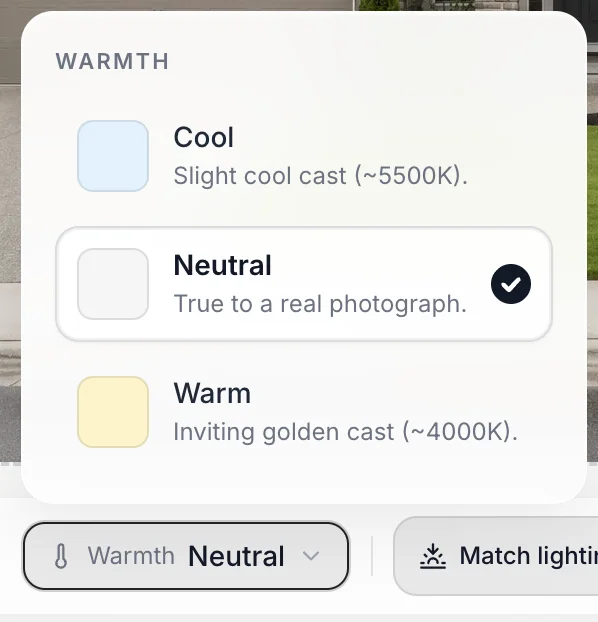 The Warmth picker showing Cool, Neutral, and Warm presets with Neutral selected