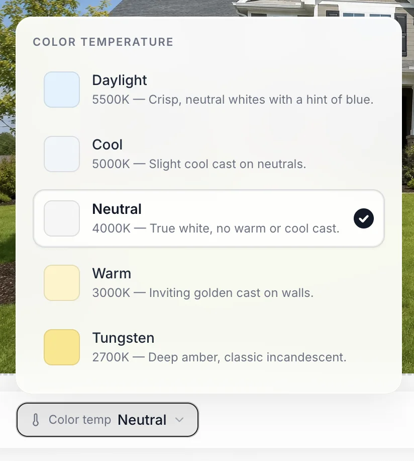 The Color temp picker showing the five white-balance presets from Daylight to Tungsten, with Neutral selected