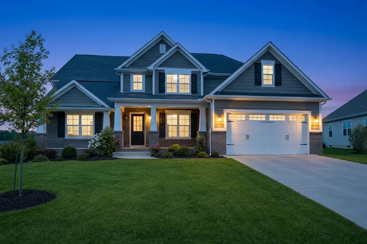 The same exterior at blue hour: cool blue sky, warm glowing windows