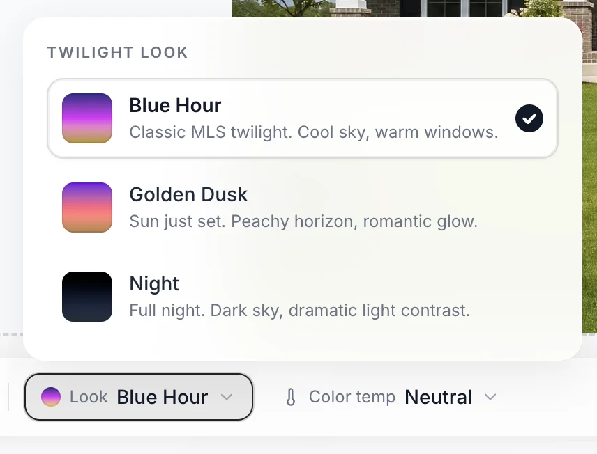 The Look picker showing the three twilight looks with swatches