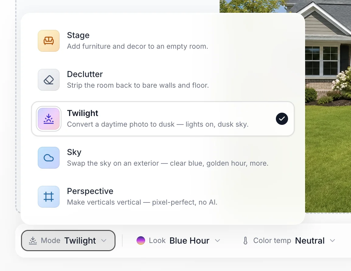 The staging mode picker with Twilight selected