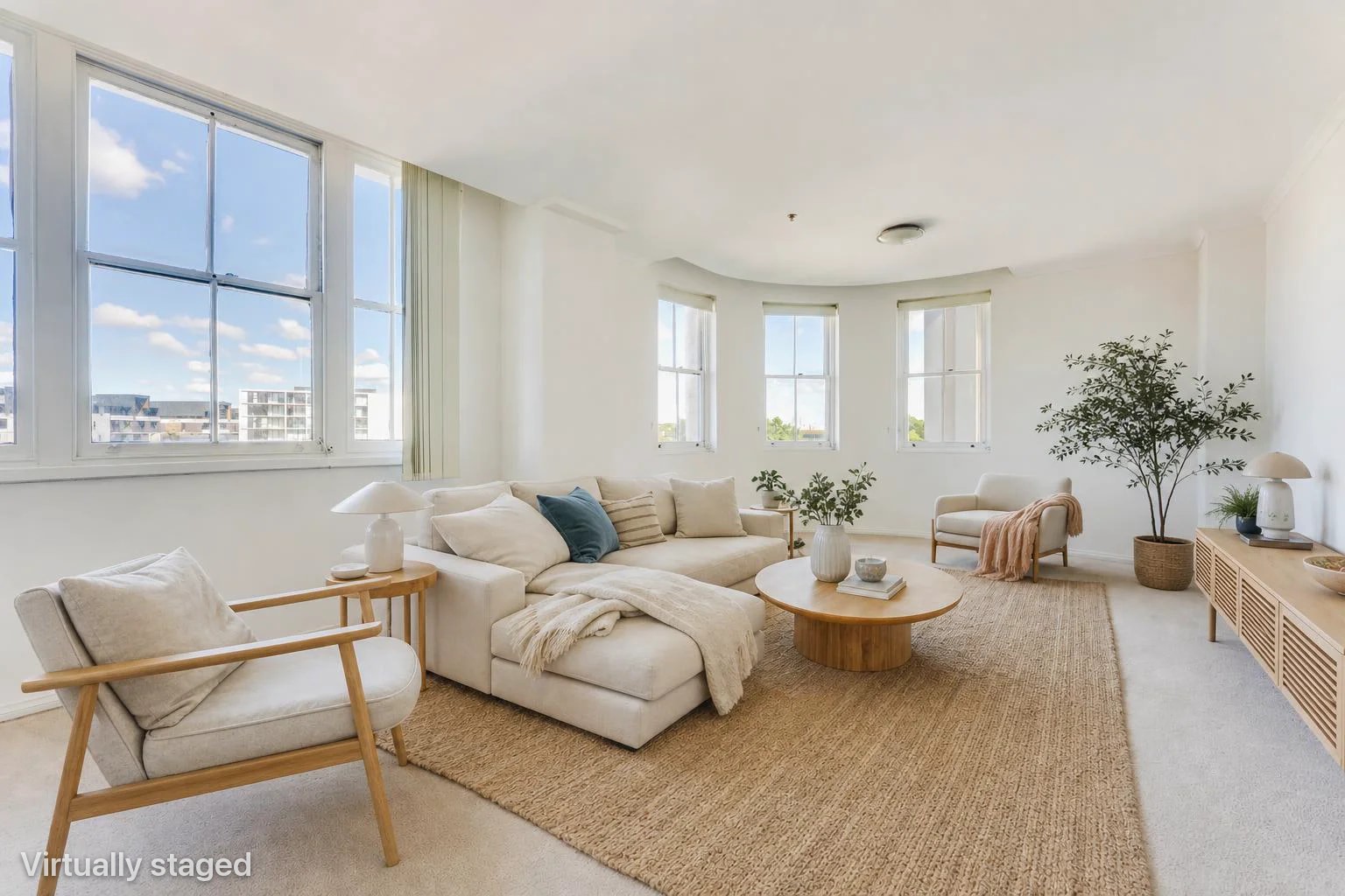 Virtually staged living room with a disclosure watermark